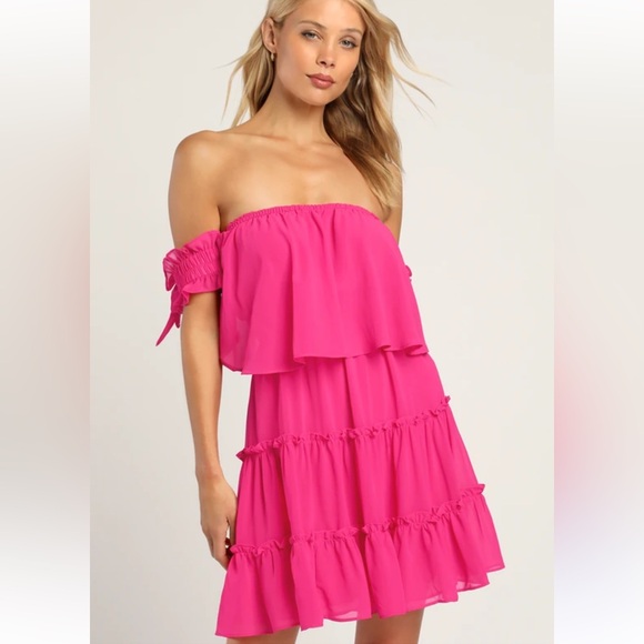 Lulus | Off Shoulder Tiered Ruffle Babydoll Mini Dress Hot‎ Pink Bow Tie Sleeves - Picture 3 of 12